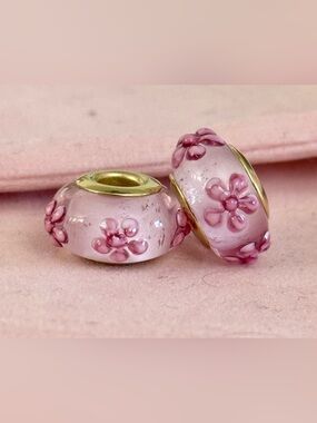 Pink Floral Murano Glass Charms set with Gold Core fit Pandora bracelets
